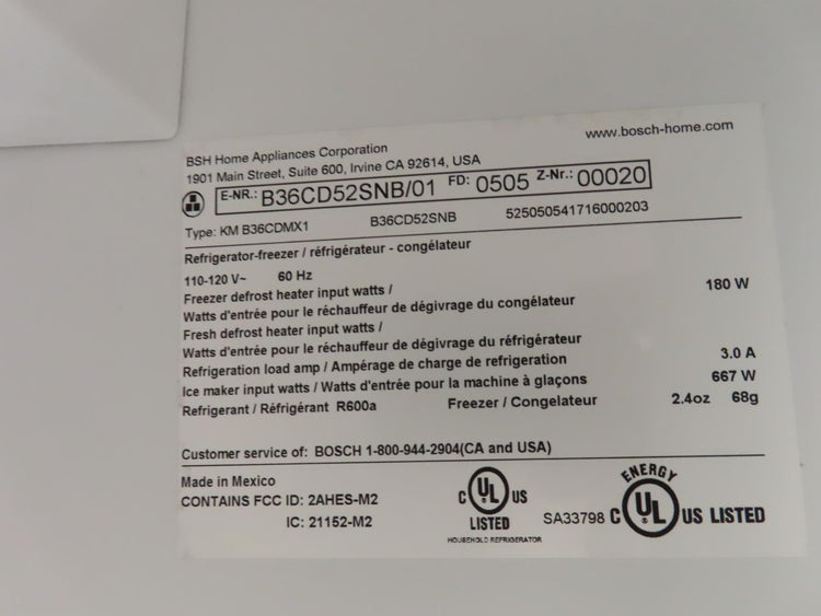 Bosch 500 Series B36CD52SNB 36 Inch Freestanding French Door Smart Refrigerator