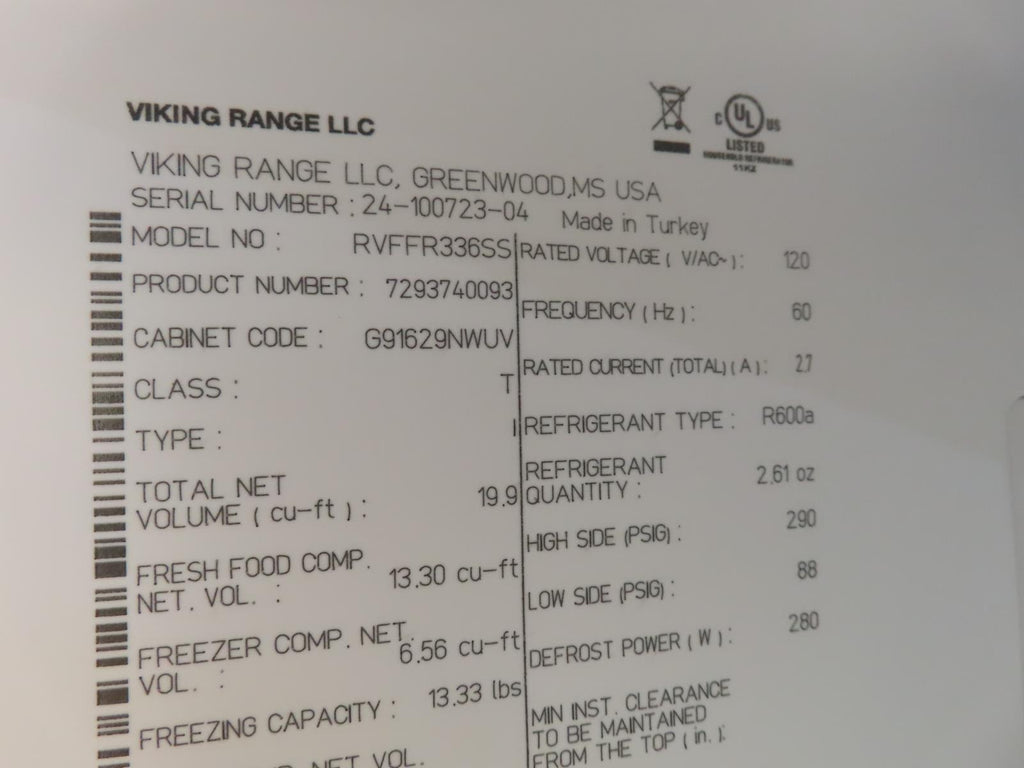 Viking 3 Series RVFFR336SS 36" Counter Depth French Door Refrigerator