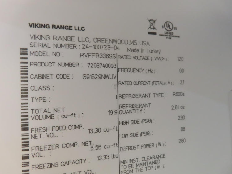 Viking 3 Series RVFFR336SS 36" Counter Depth French Door Refrigerator