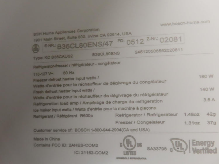 Bosch 800 Series B36CL80ENS 36" Counter Depth French Door Refrigerator S.Steel