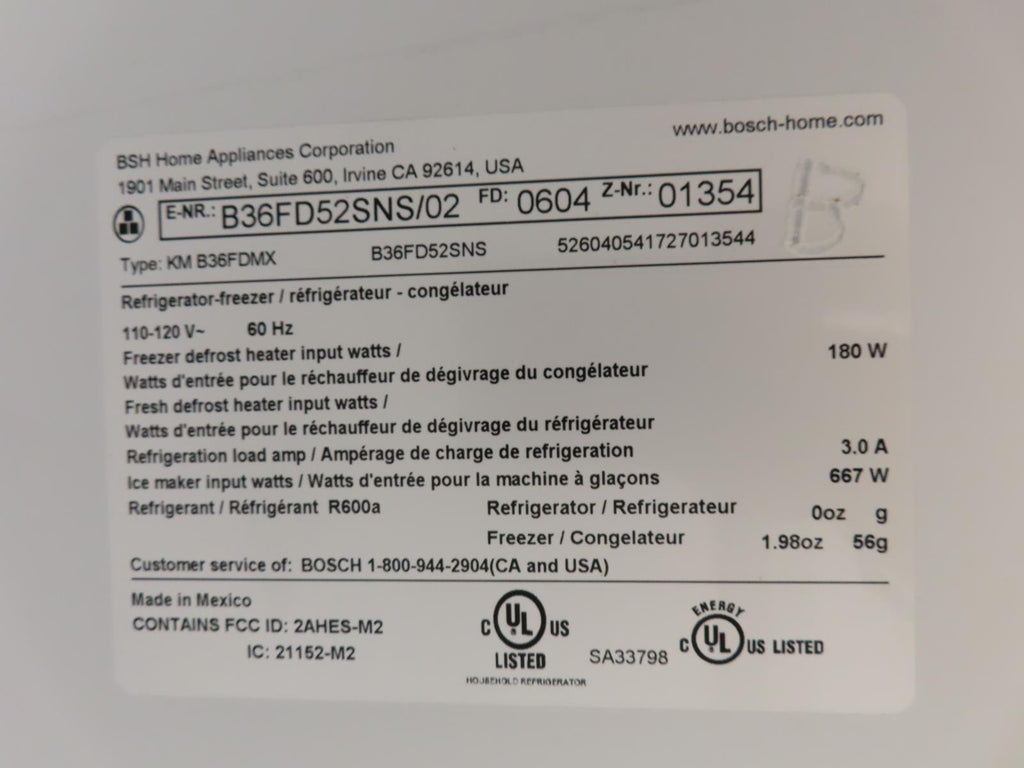 Bosch 500 Series B36FD52SNS 36" Freestanding French Door Smart Refrigerator