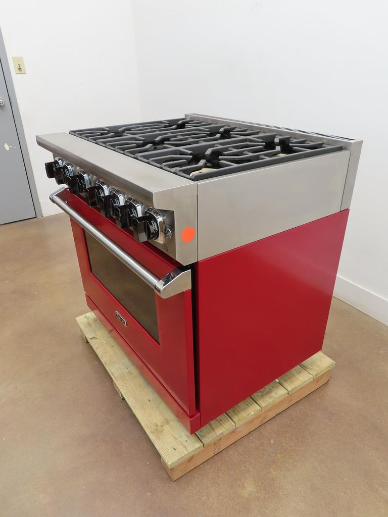 viking stove with red knobs